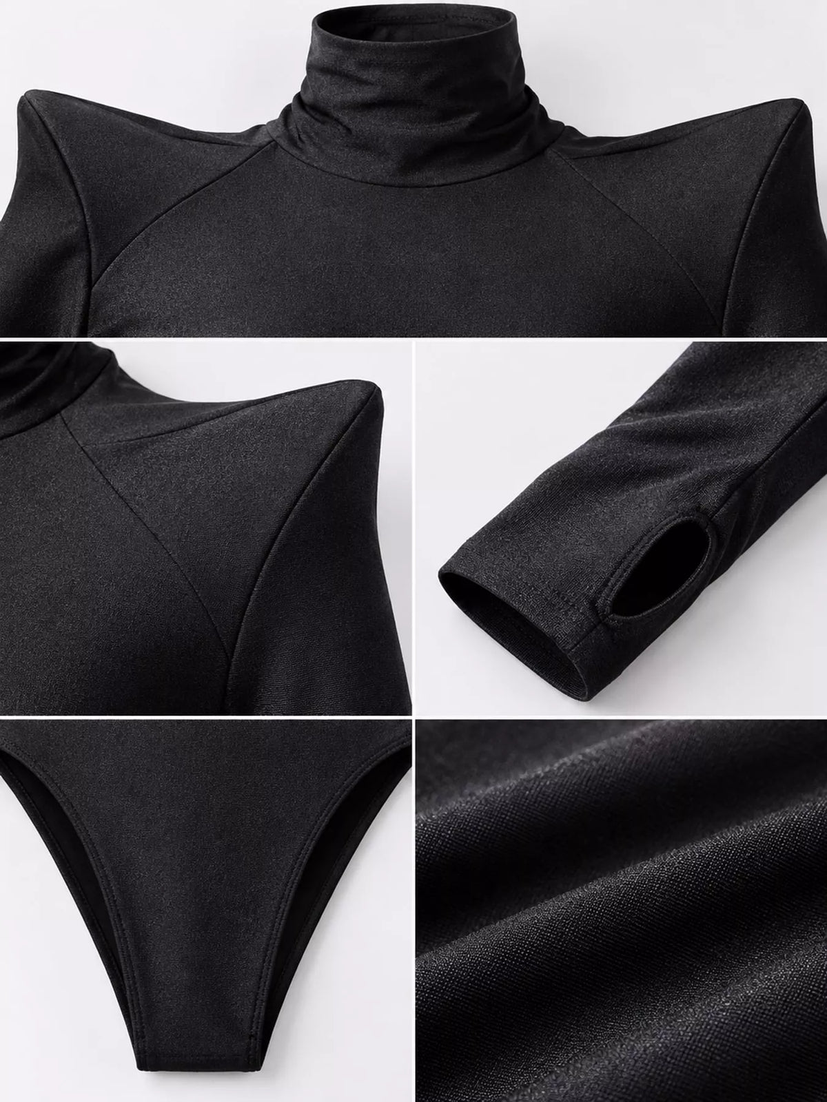 Turtleneck Long Sleeve Bodysuit, detail view in black