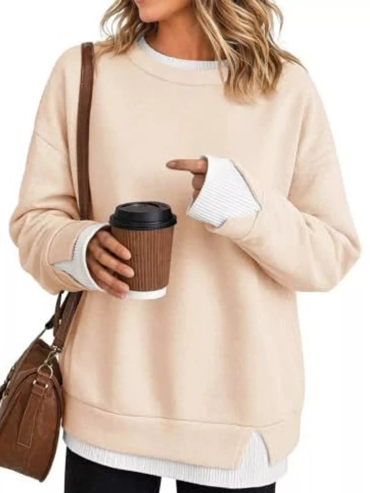 Layered Look Crew Neck Sweatshirt in cream, front view