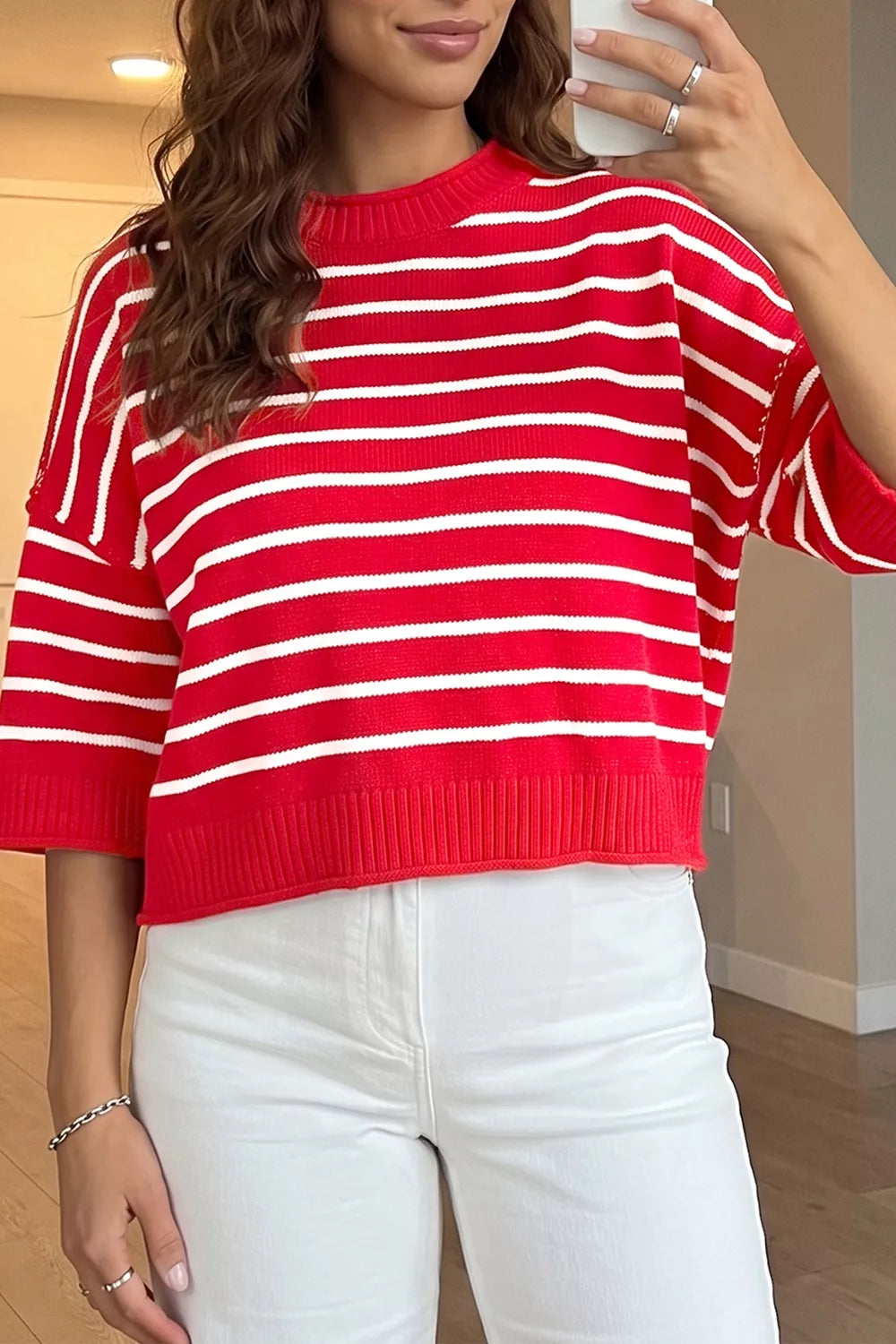 Trendsi Stripe Dropped Shoulder Half Sleeve Relaxed Knit Sweater -