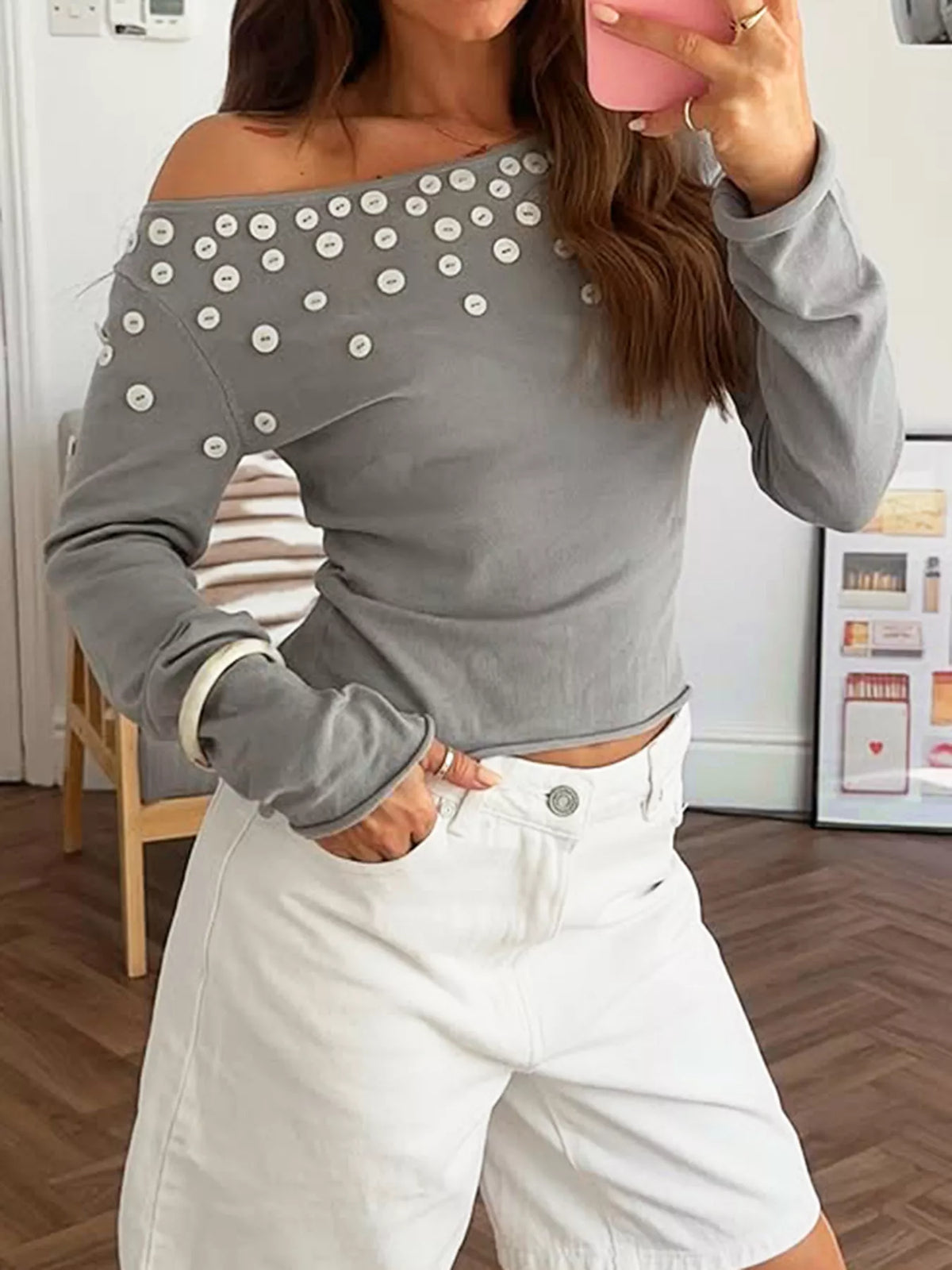 Decorative button one shoulder top