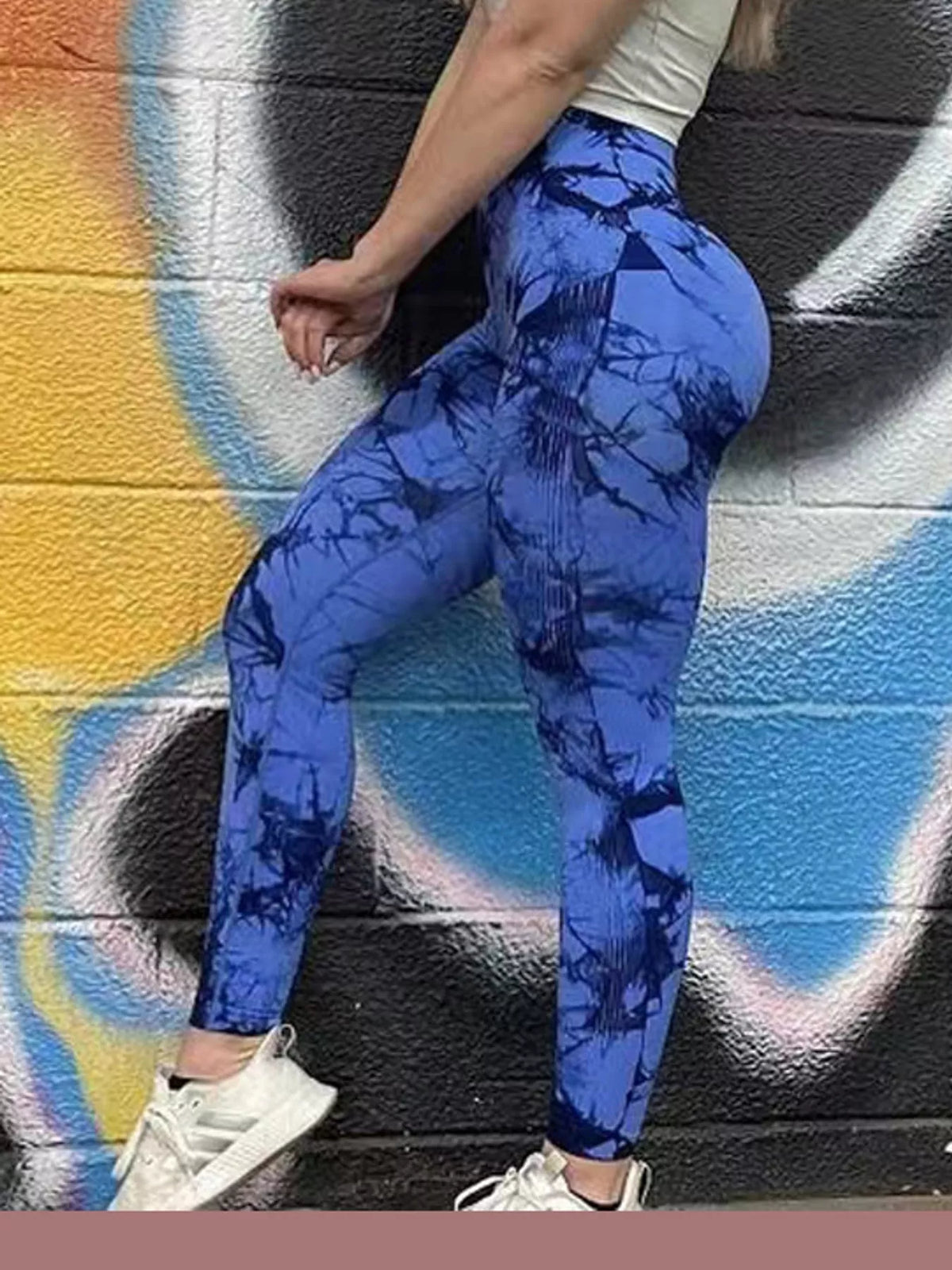 Royal Blue high-waisted tie dye seamless active leggings, back view