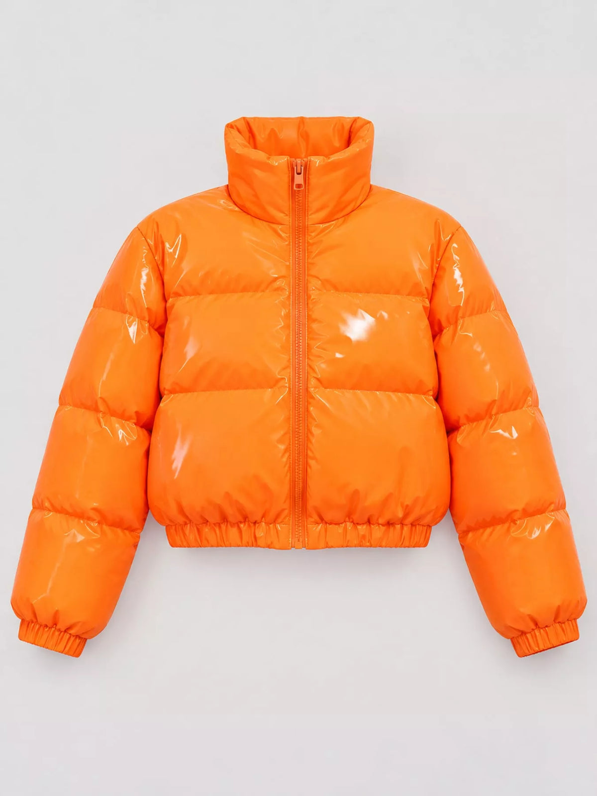 Glossy Stand-Collar Zip-Up Puffer Jacket — garment front