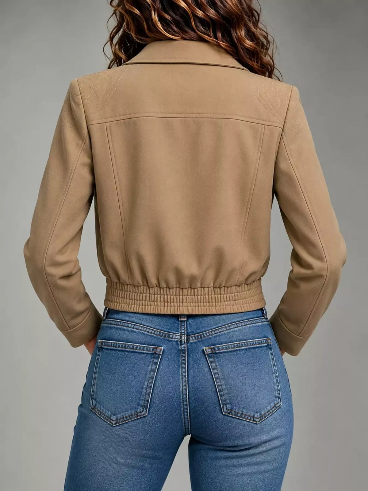 Women's Zip Up Elasticized Hem Cropped Jacket in taupe — back view
