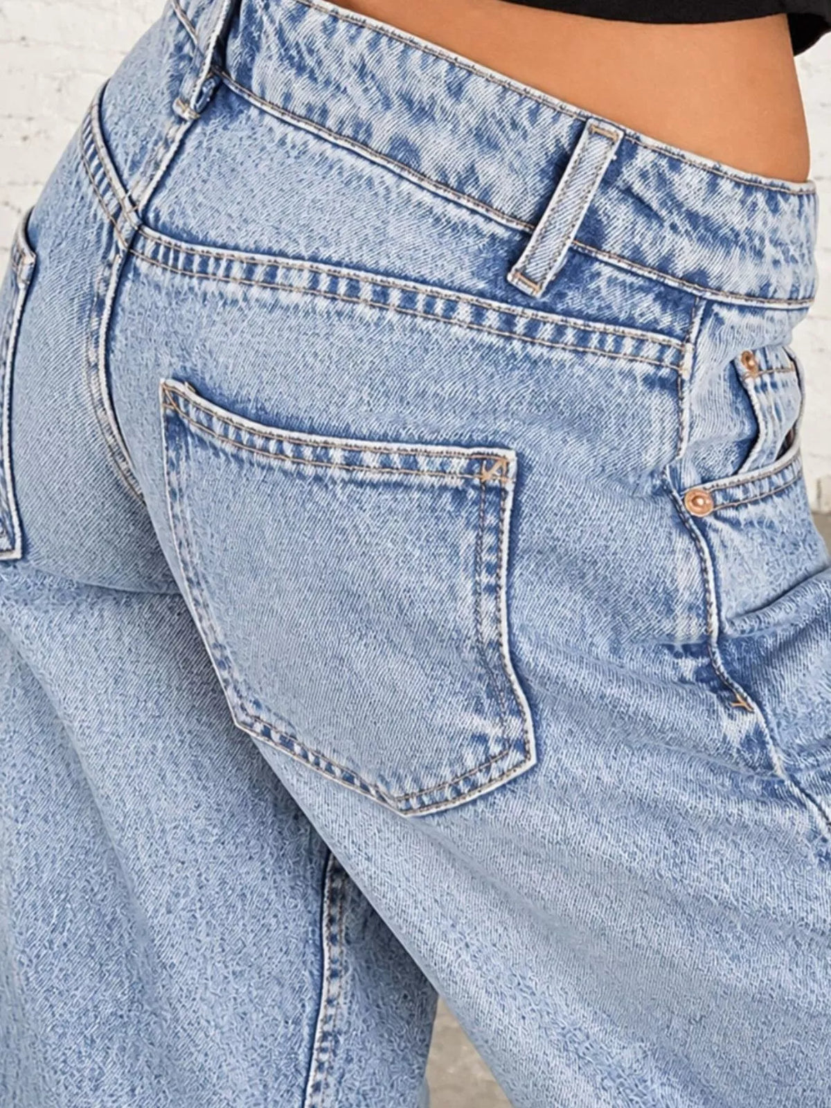 Vintage Wash Low-Rise Wide-Leg Jeans — construction details