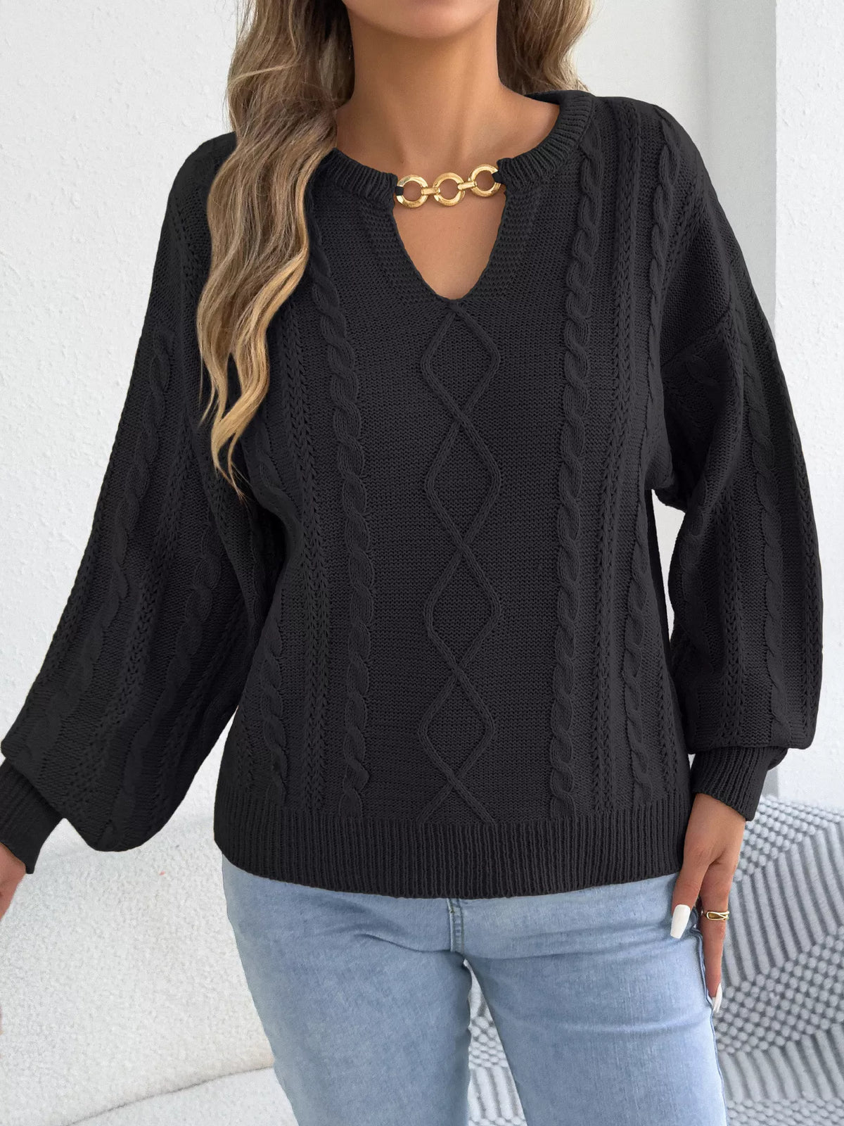 Khaki cable knit notched sweater