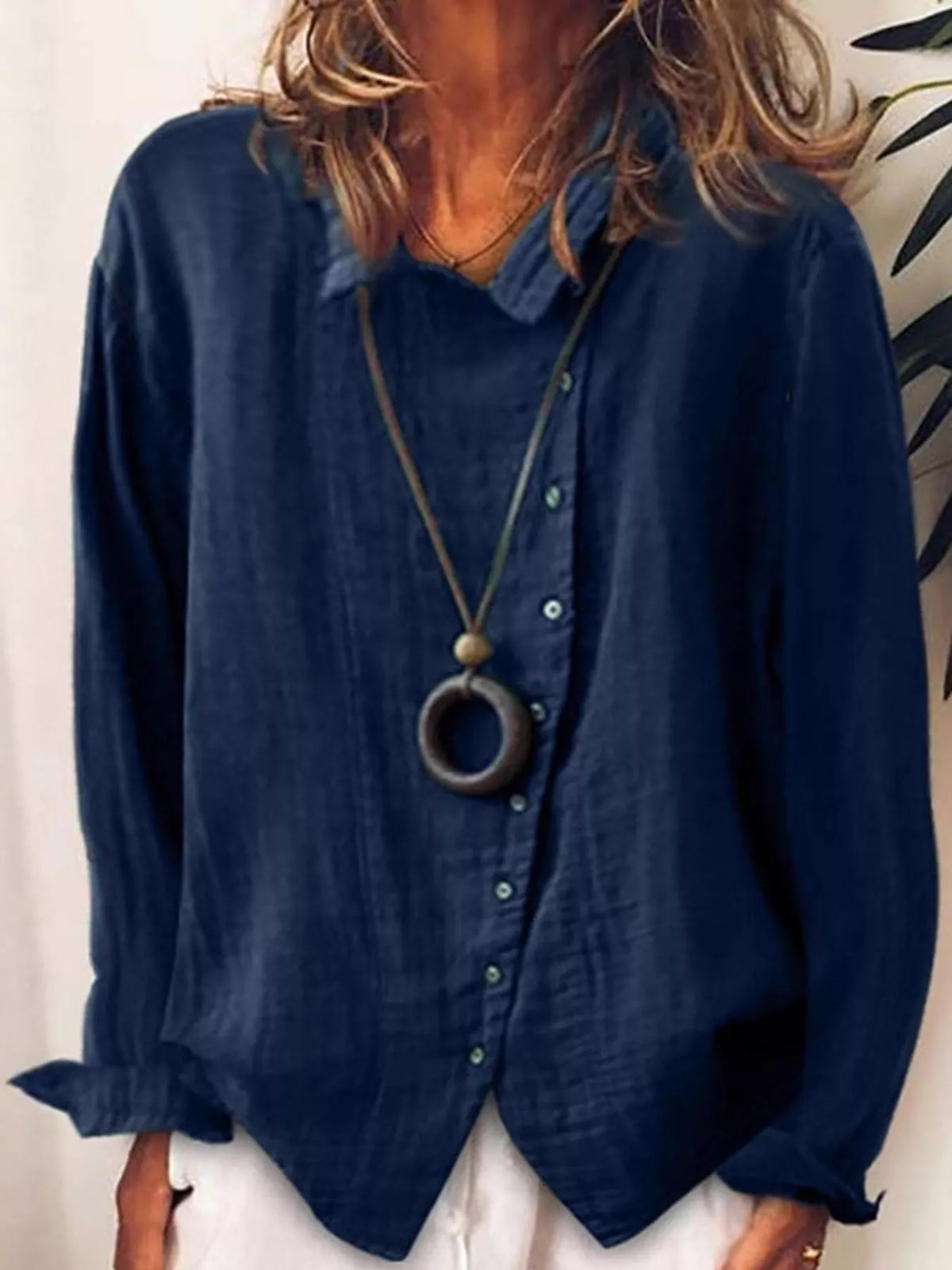 Blue asymmetric button-down long sleeve shirt