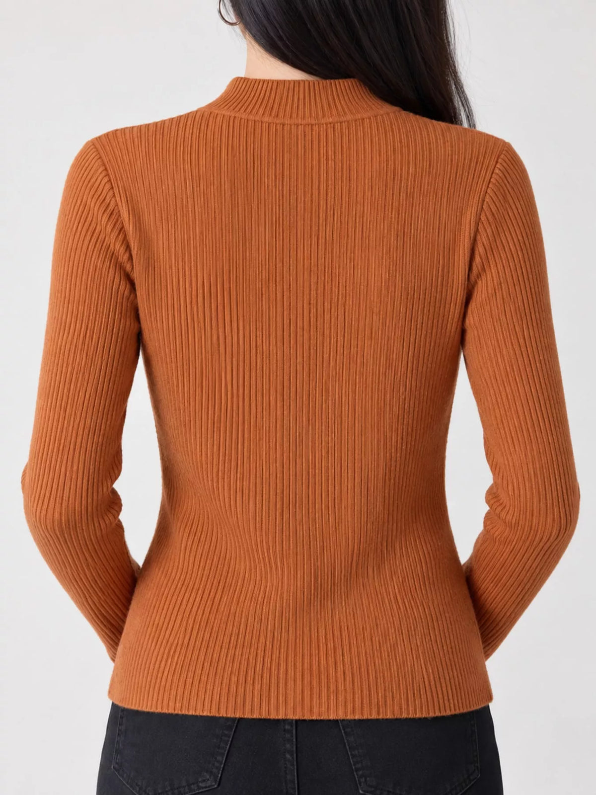 Rust ribbed mock neck long sleeve knit top, back view