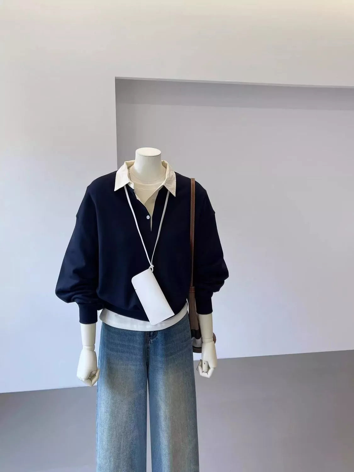 Navy polo-collar layered-look sweatshirt