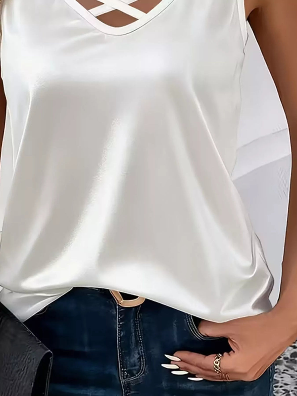 Trendsi Satin V-Neck Criss-Cross Tank -