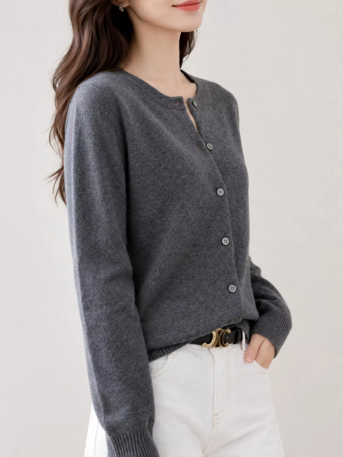 Dark gray crew neck button-front cardigan