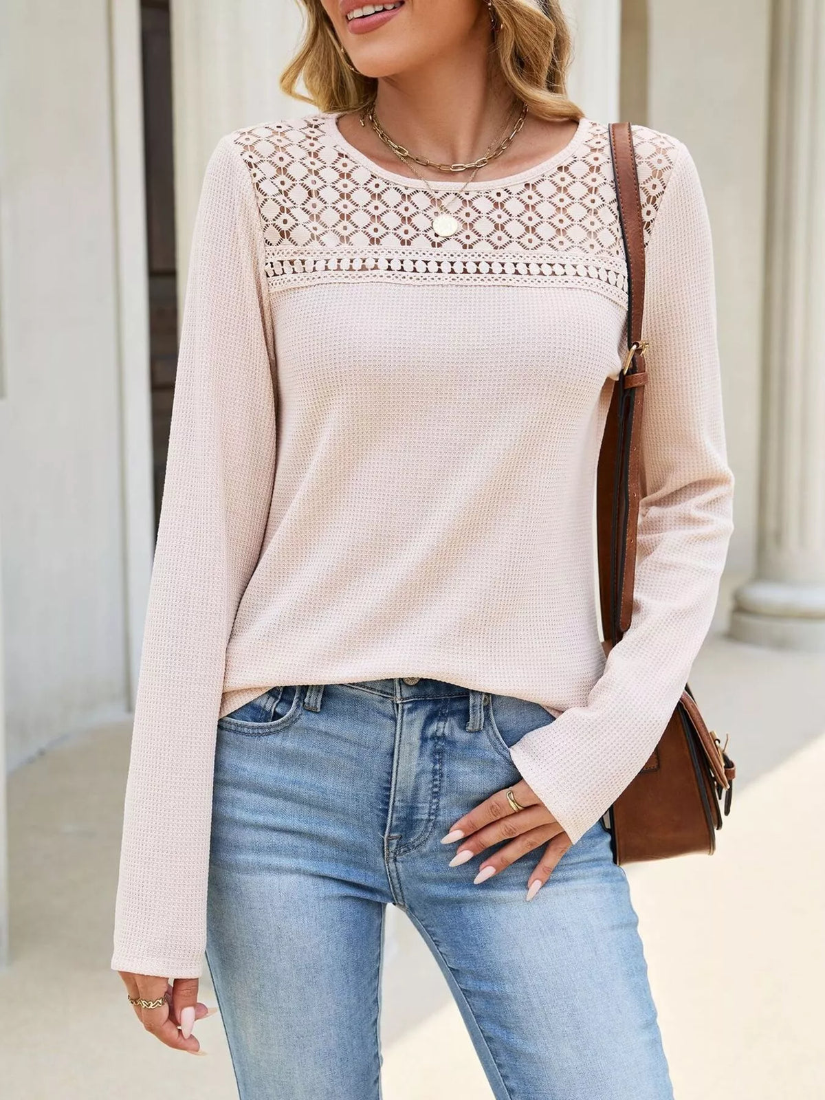 Trendsi Lace Panel Waffle Knit Long Sleeve T-Shirt -