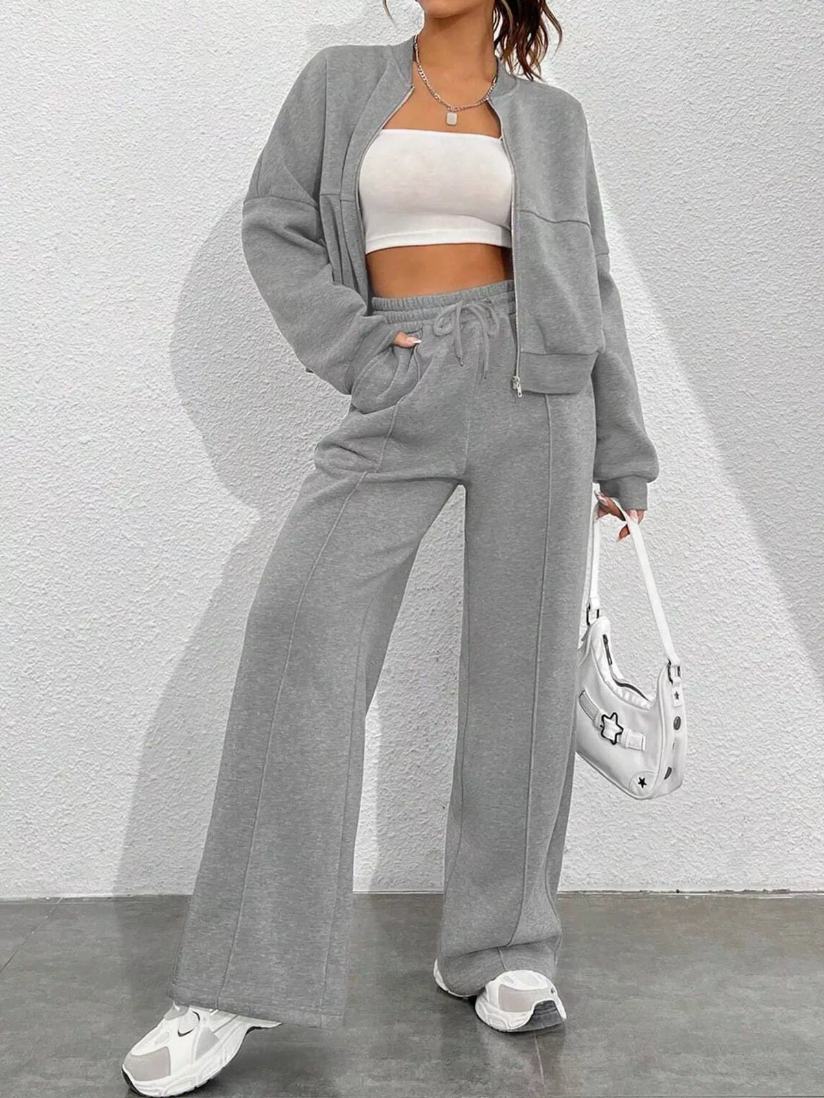 Zip jacket and pants set, gray set open front