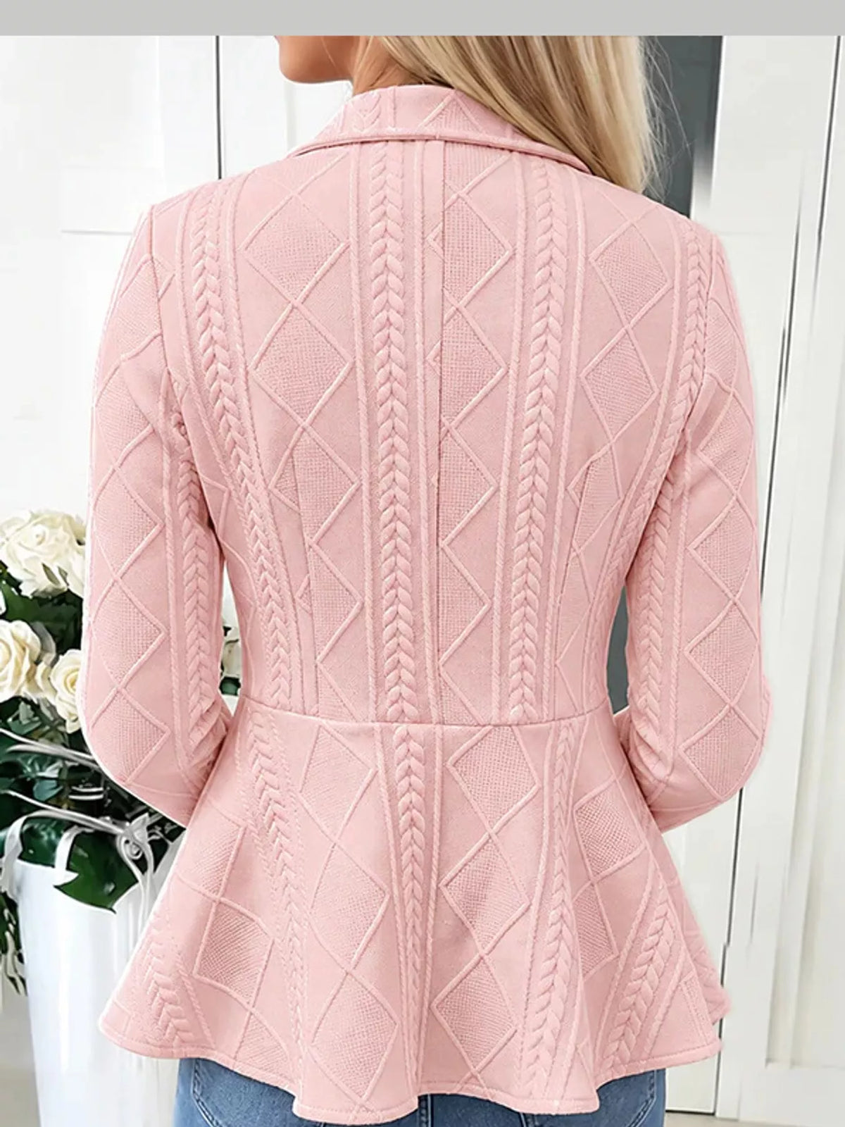 Pink cable-knit button-up cardigan — back view