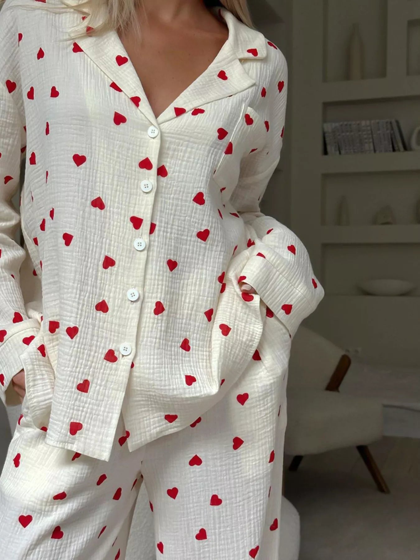 Trendsi Heart Print Button Up Top and Pants Lounge Set -
