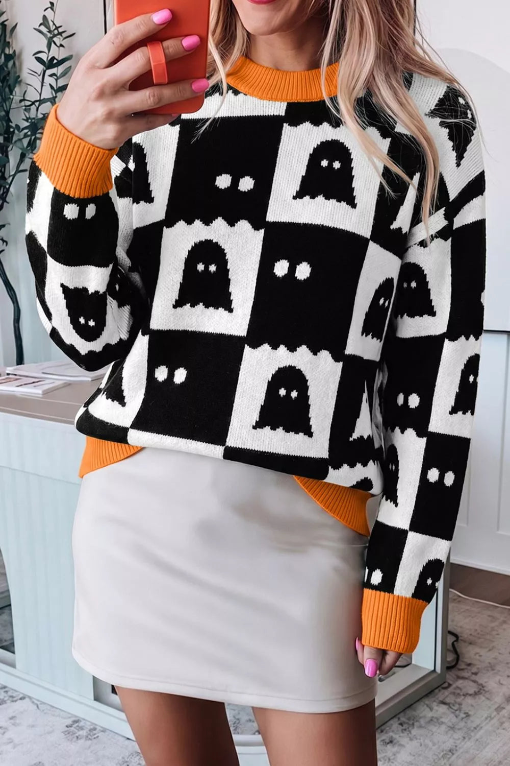 Trendsi Halloween Ghost Pattern Checkerboard Sweater -