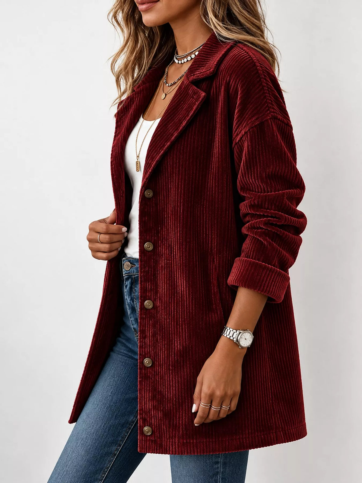 Burgundy vintage corduroy long-sleeve button-down blazer