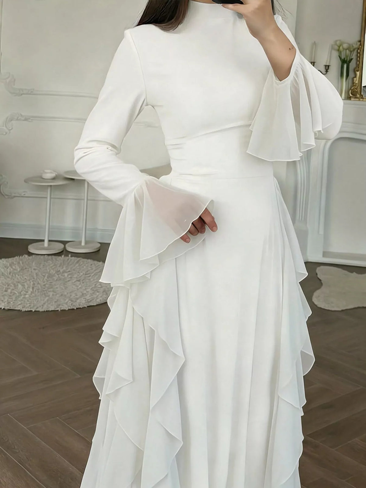 Mock neck long sleeve maxi dress, side view