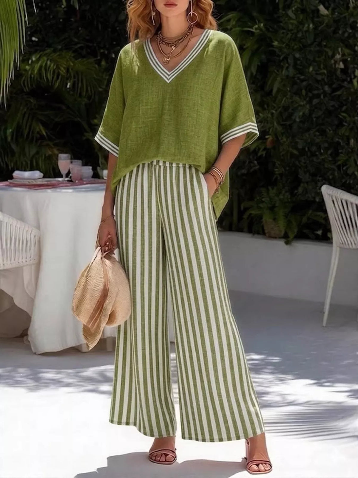 Green v-neck striped top and pants two-piece set — front view