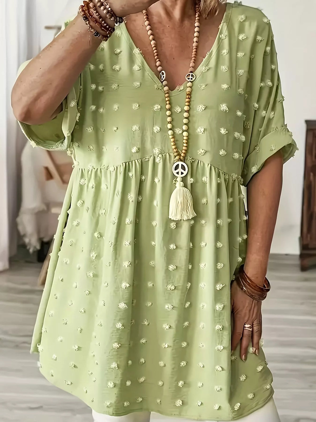 Swiss-dot blouse, light green front