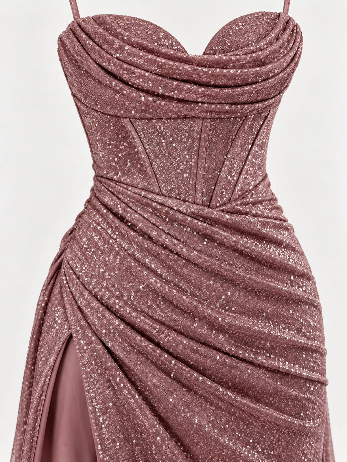 Pink high-slit glitter maxi evening dress — design and construction details