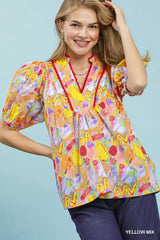 Trendsi Umgee Abstract Print Puff Sleeve Top - Clothing Tops
