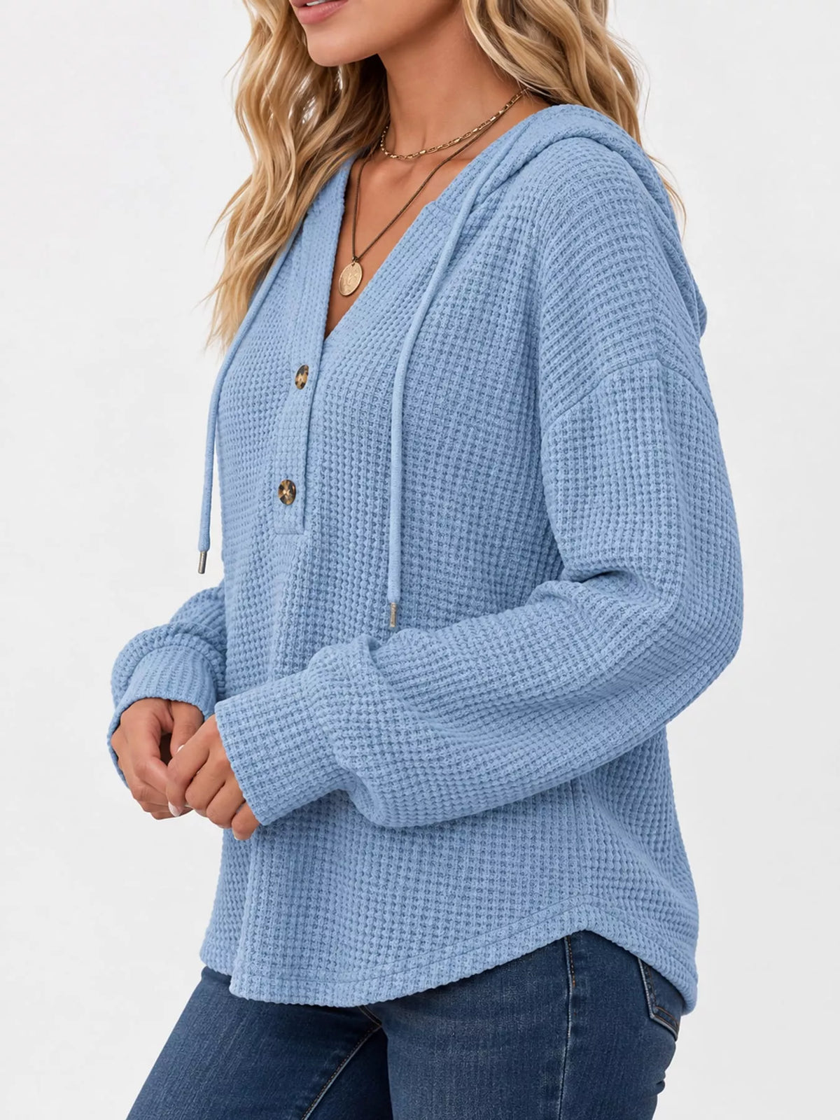 Light blue waffle knit button-detail hoodie, side view