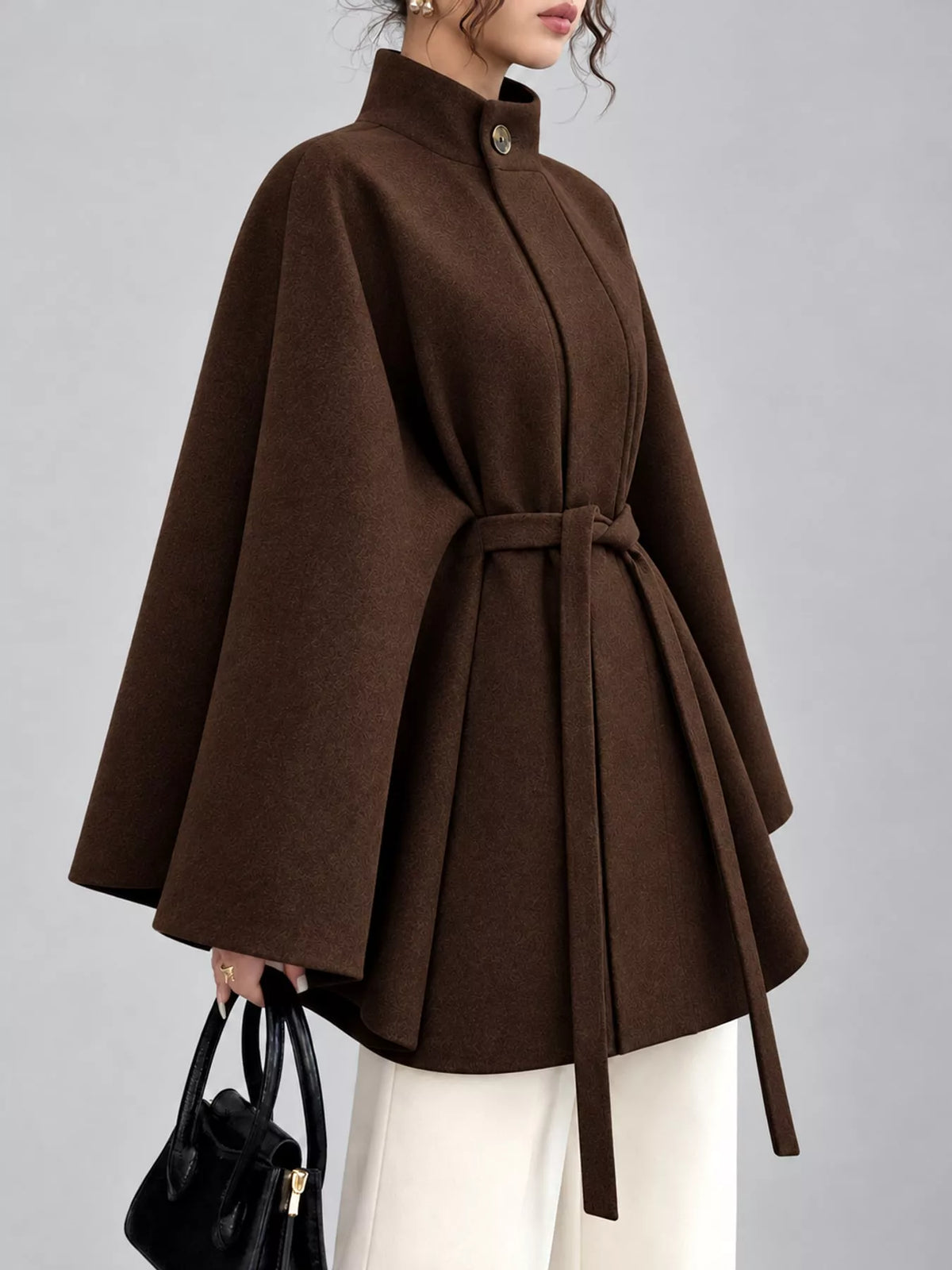 Dark brown tie-waist cape — side view