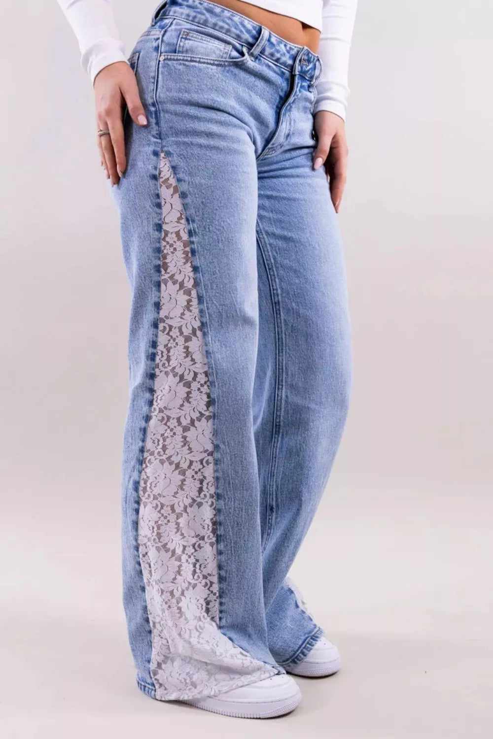 Trendsi Lace-Paneled Wide-Leg Jeans -