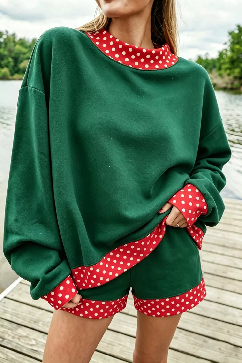 Trendsi Polka Dot Trim Sweatshirt and Shorts Set -