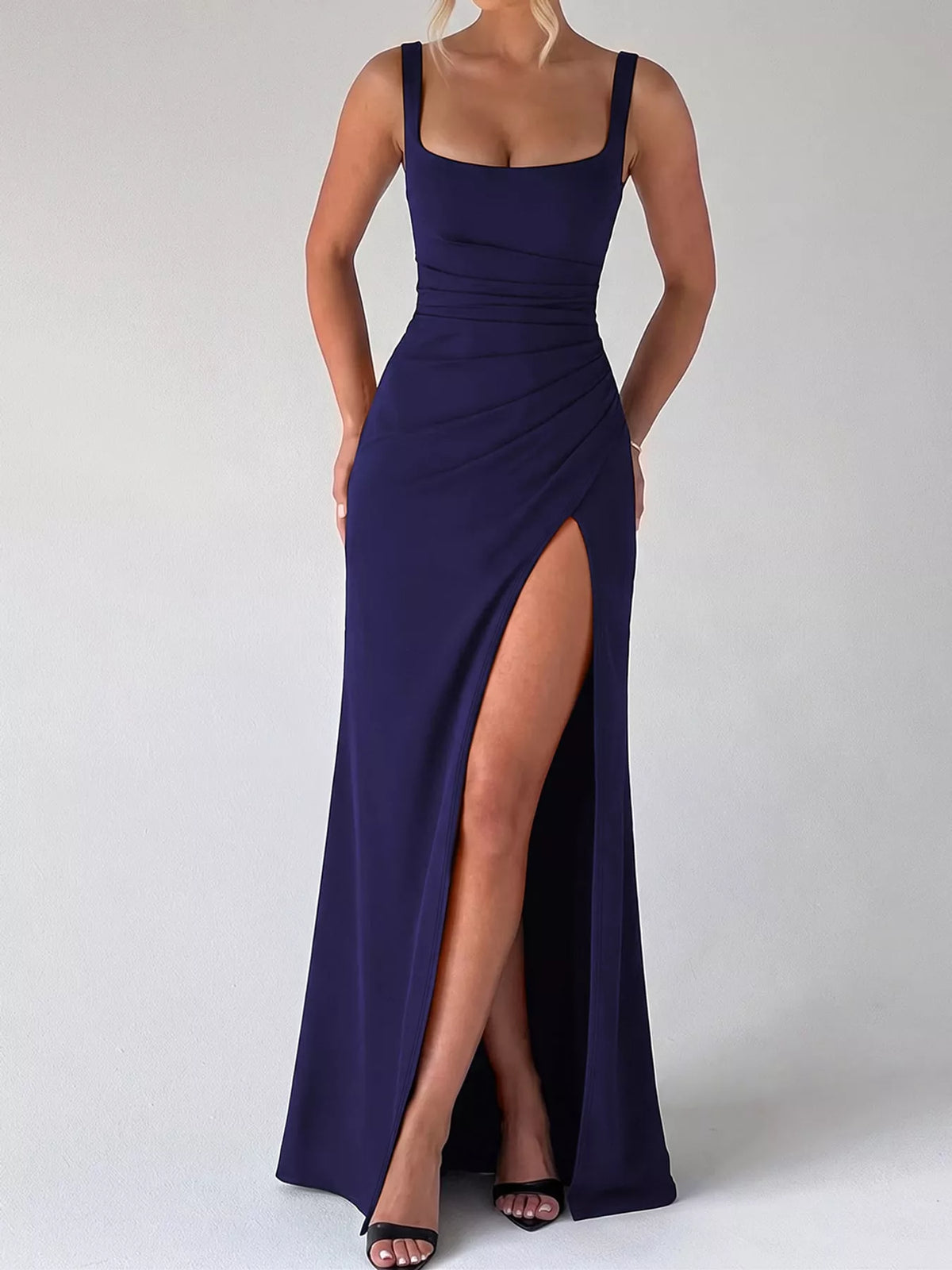 Women's Sleeveless High-Slit Evening Maxi Dress in navy — front view
