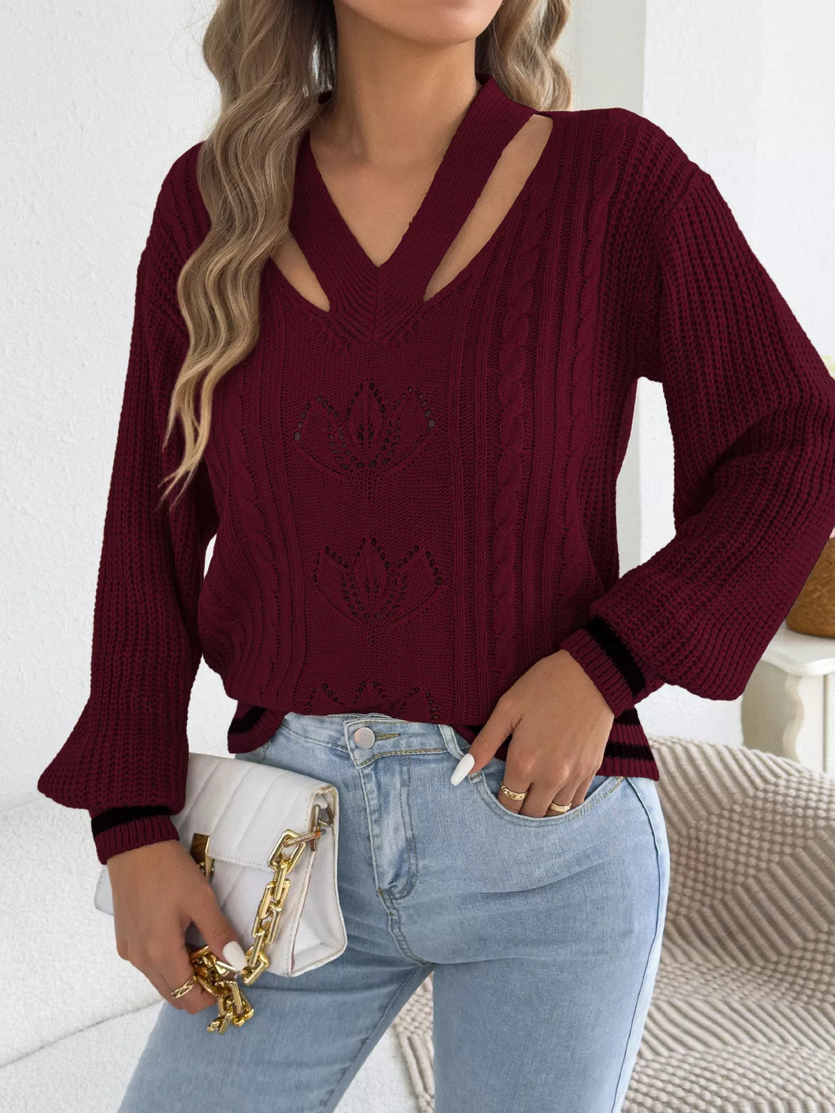 Cutout Cable Knit Sweater in burgundy, front view