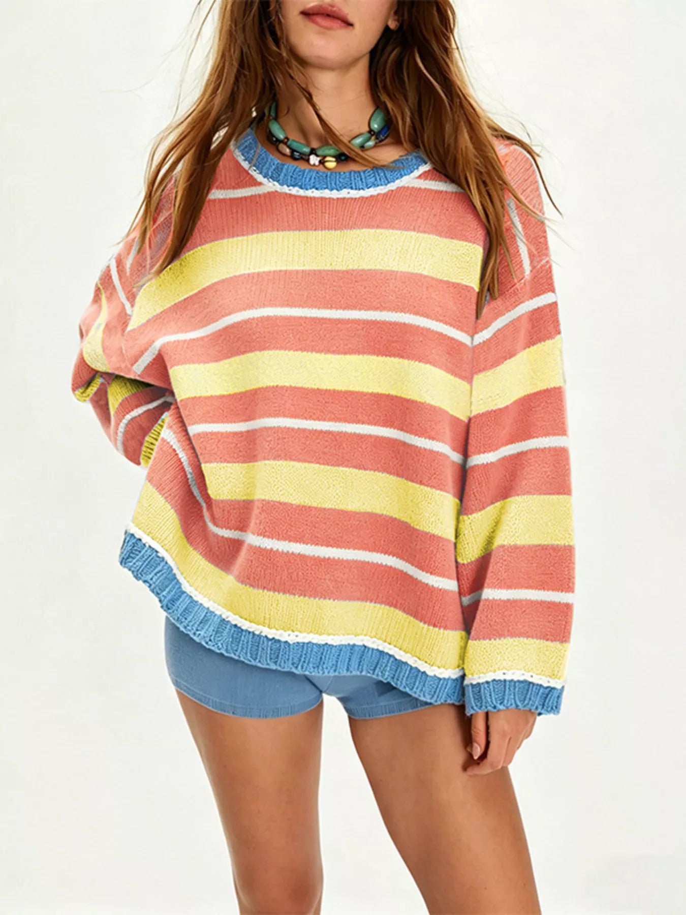Trendsi Oversized Striped Crew Neck Sweater -