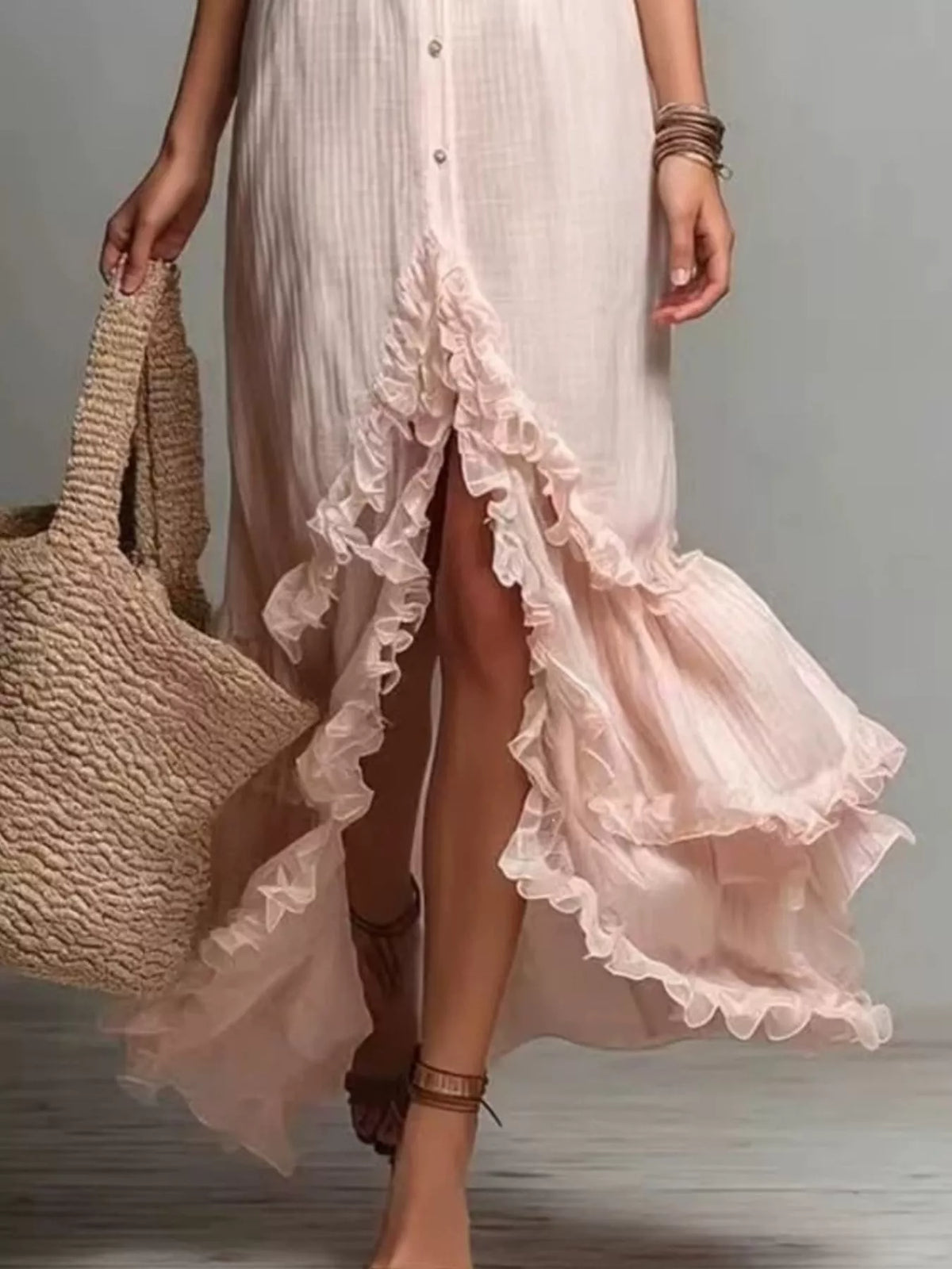 Button-Down Ruffled High-Low Maxi Dress, hem detail