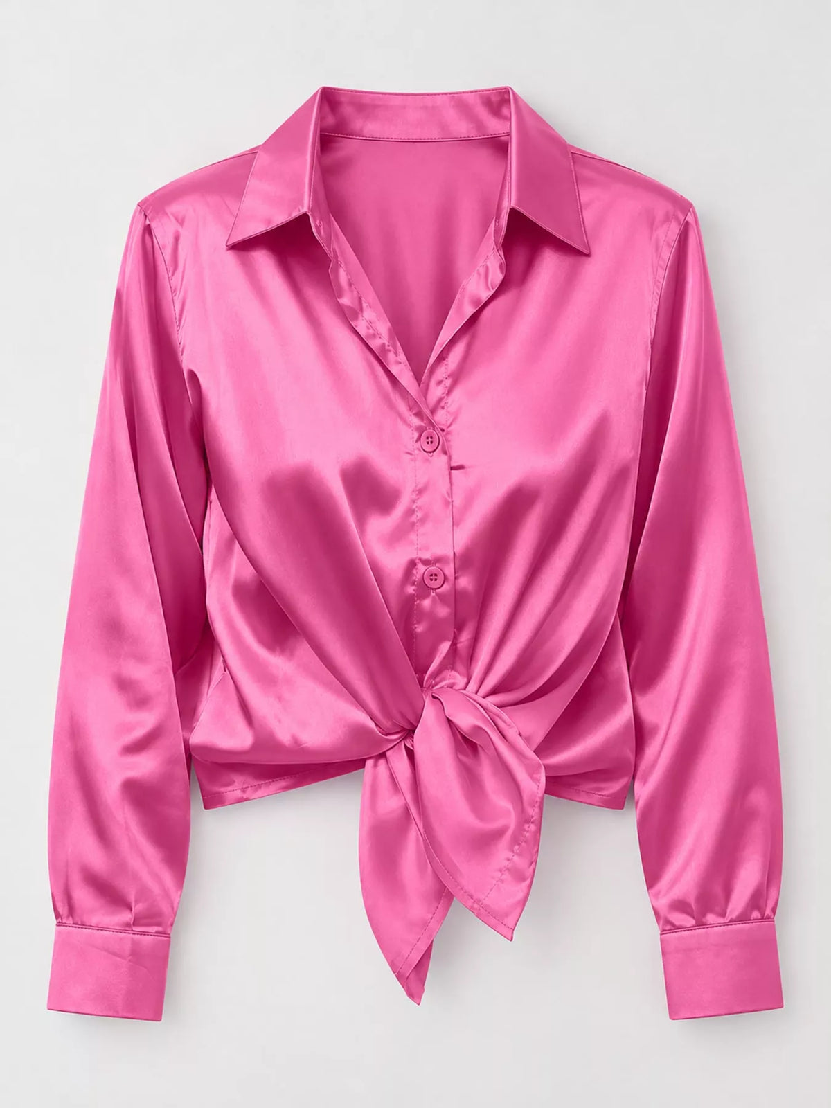 Bright Pink satin button-down long sleeve shirt