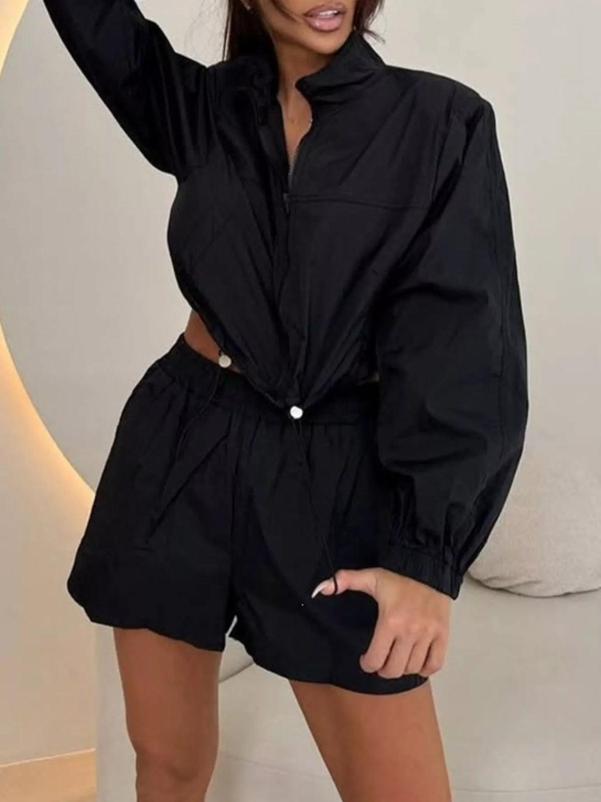 Trendsi Zip-Up Crop Jacket and High-Waisted Shorts Set -