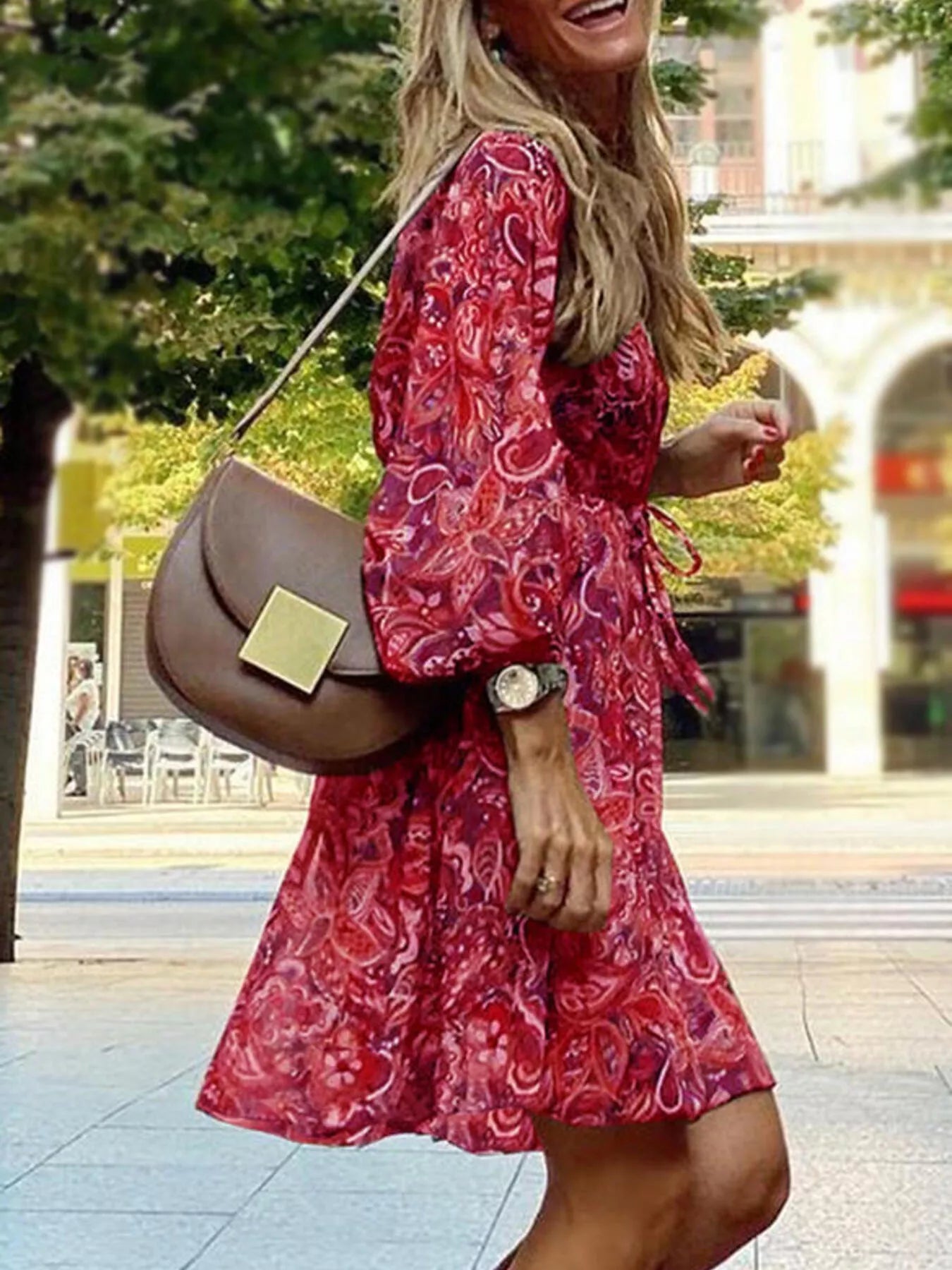 Trendsi Full Size Paisley Print Long Sleeve Mini Dress Plus Size -