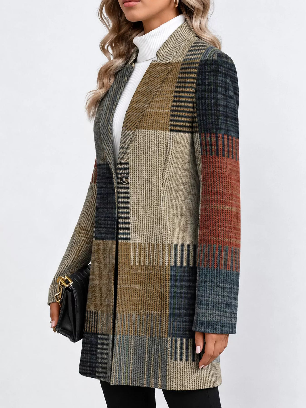 Women's Patterned Notched Lapel Longline Coat in multicolor check — side view