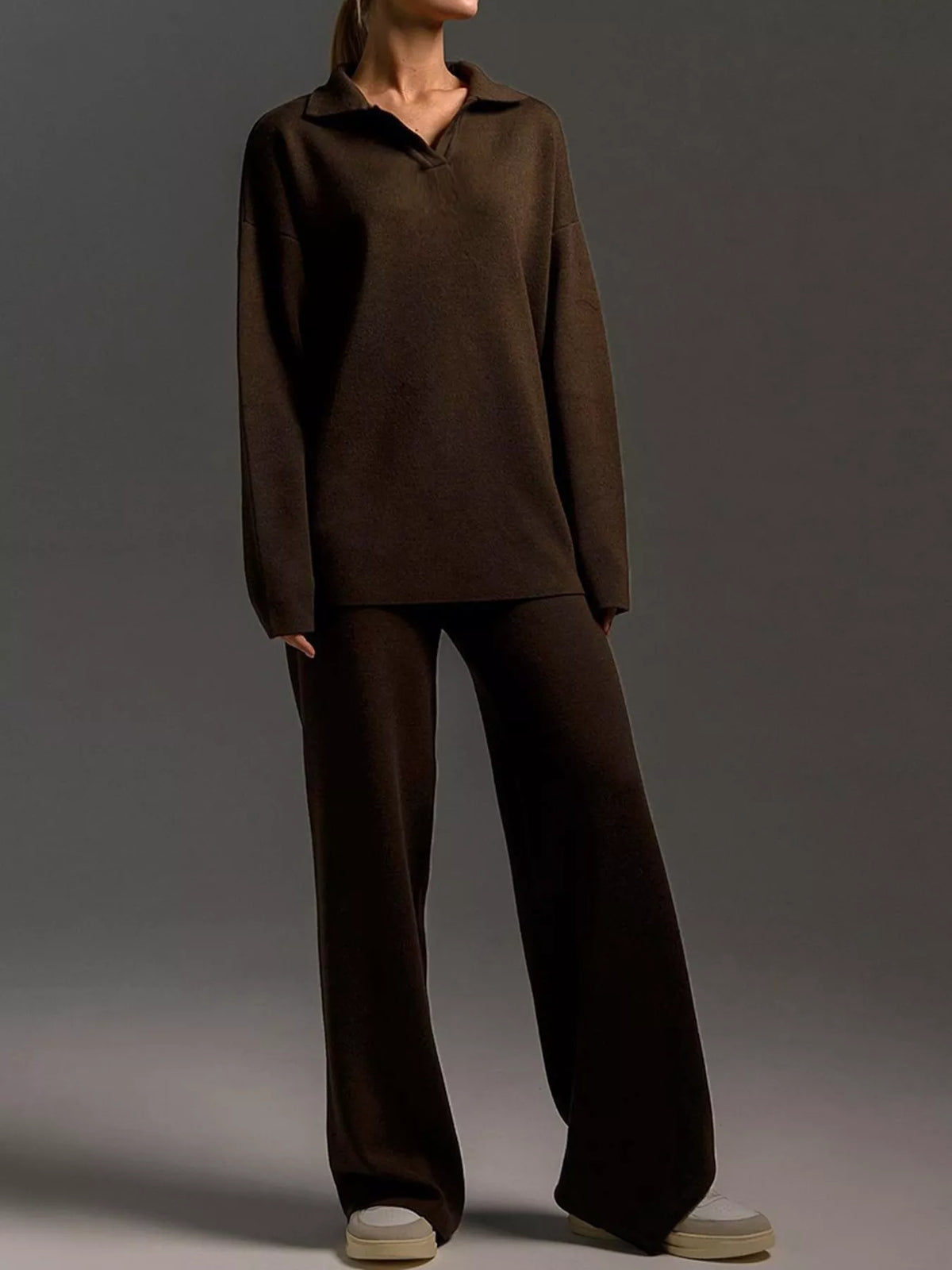 Polo top and pants set, brown straight front