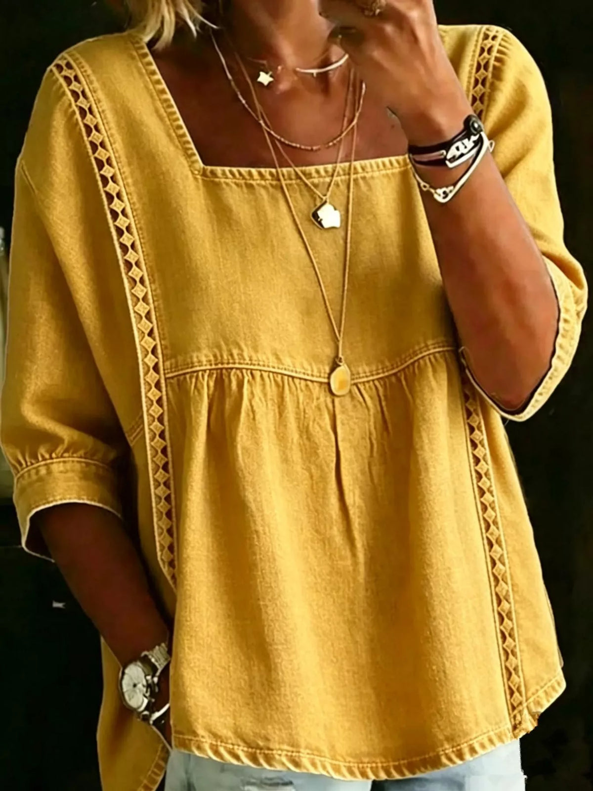 Yellow square neck embroidered denim blouse