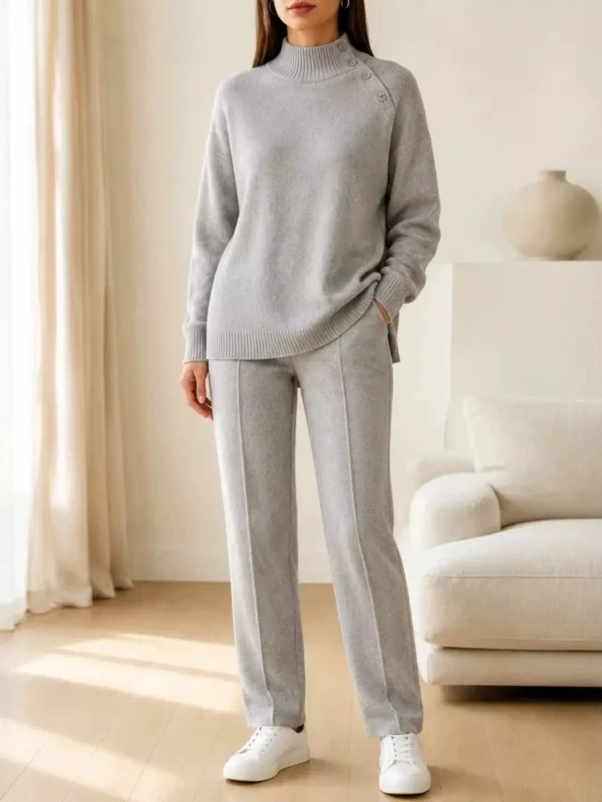 Gray mock neck button-detail sweater and pants set — front view