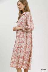 Trendsi Umgee Linen Botanical Print Tiered Midi Dress -