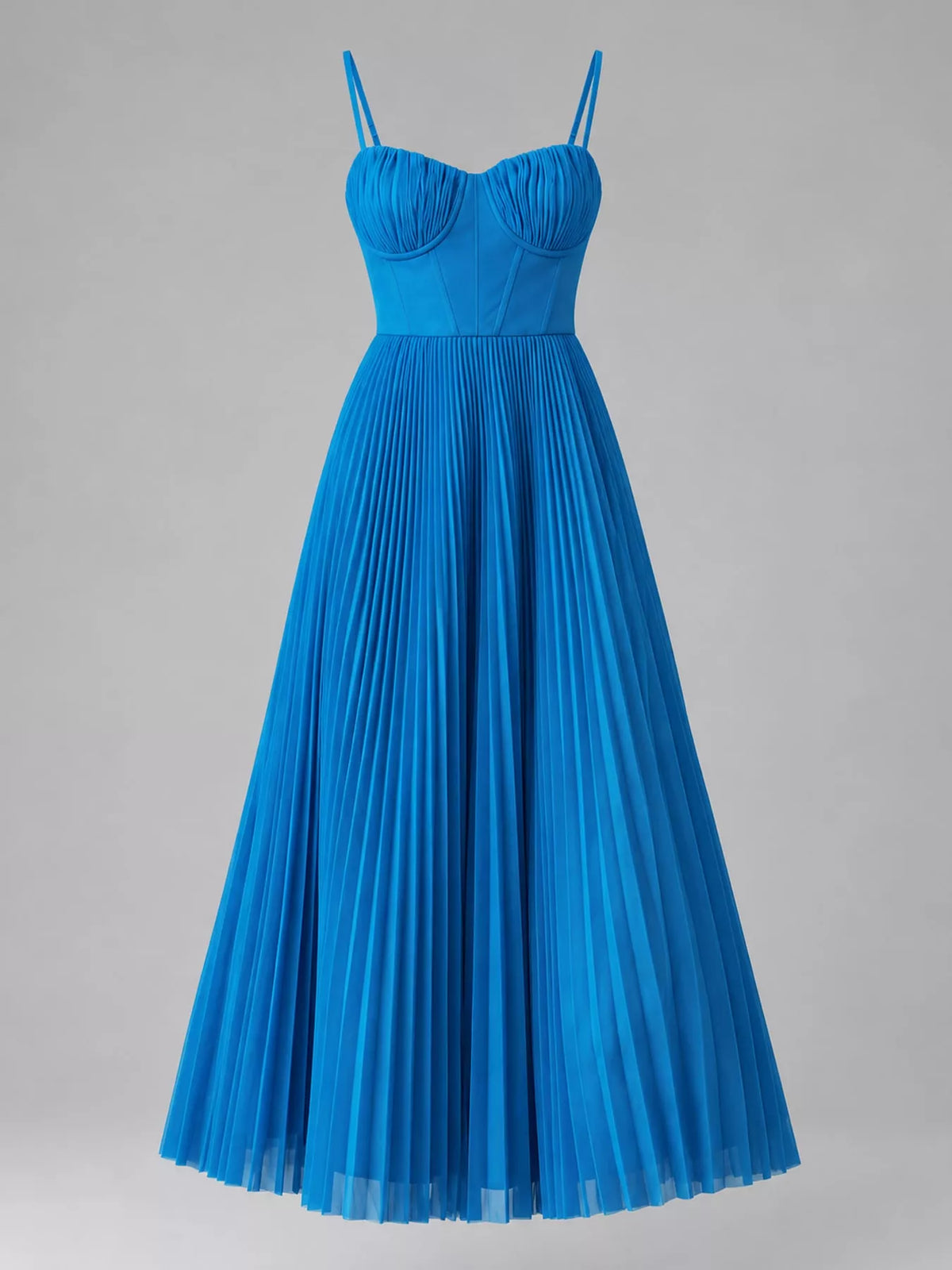 Blue pleated sweetheart neck midi dress — front view