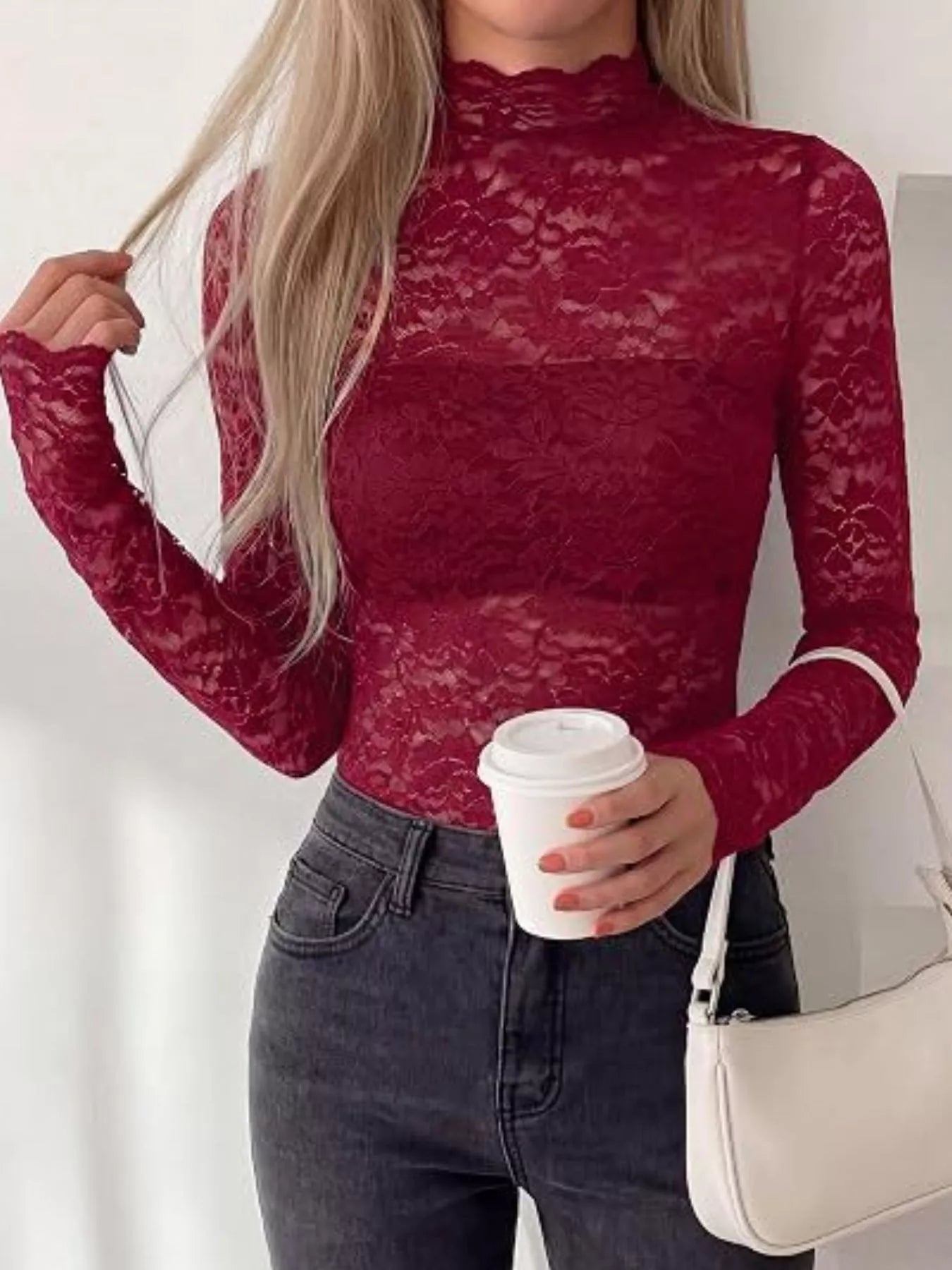 Trendsi Lace Mock Neck Long Sleeve Top -