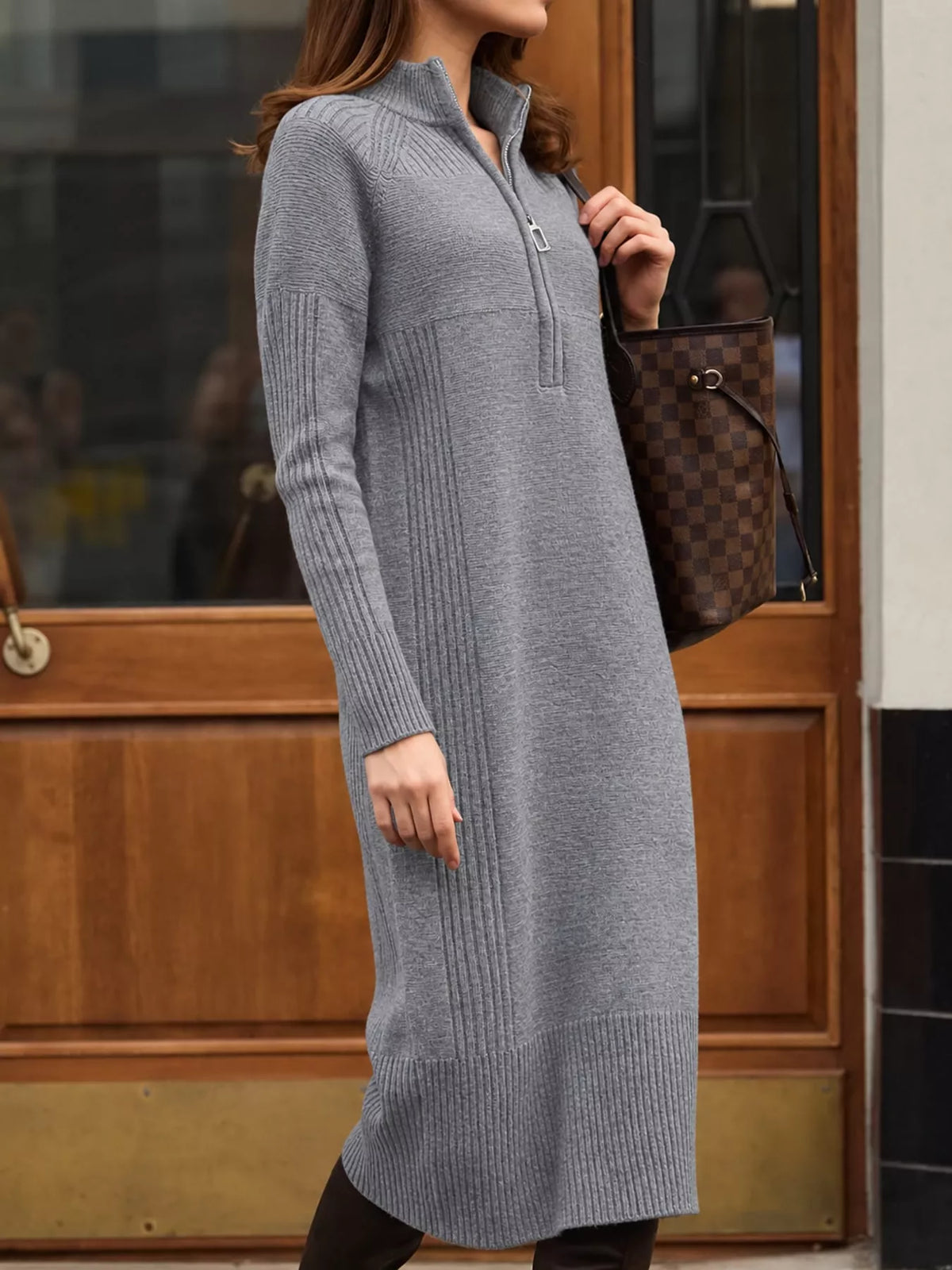 Gray half-zip ribbed knit sweater dress — front view