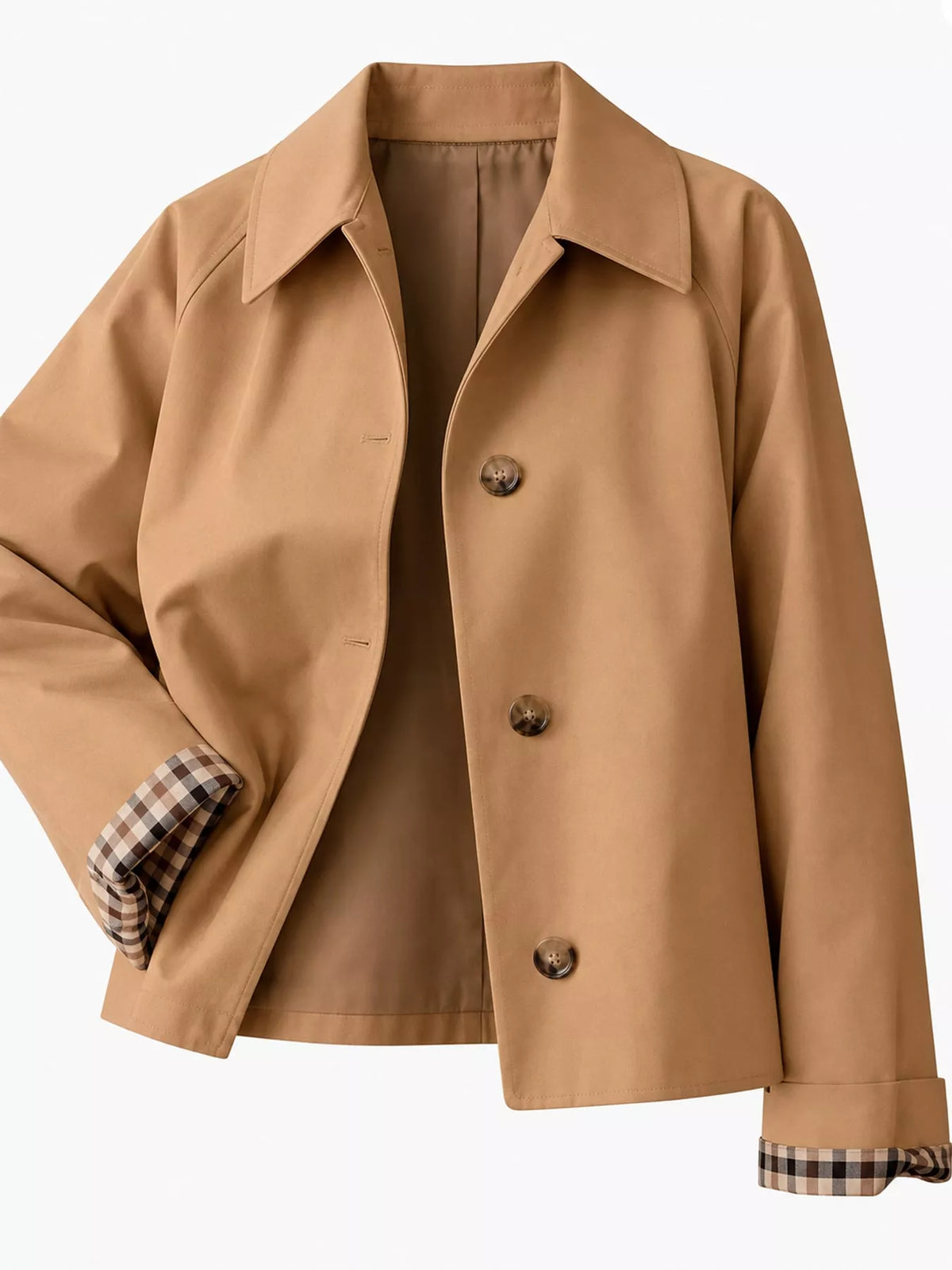 Cropped trench jacket, tan plaid cuff detail