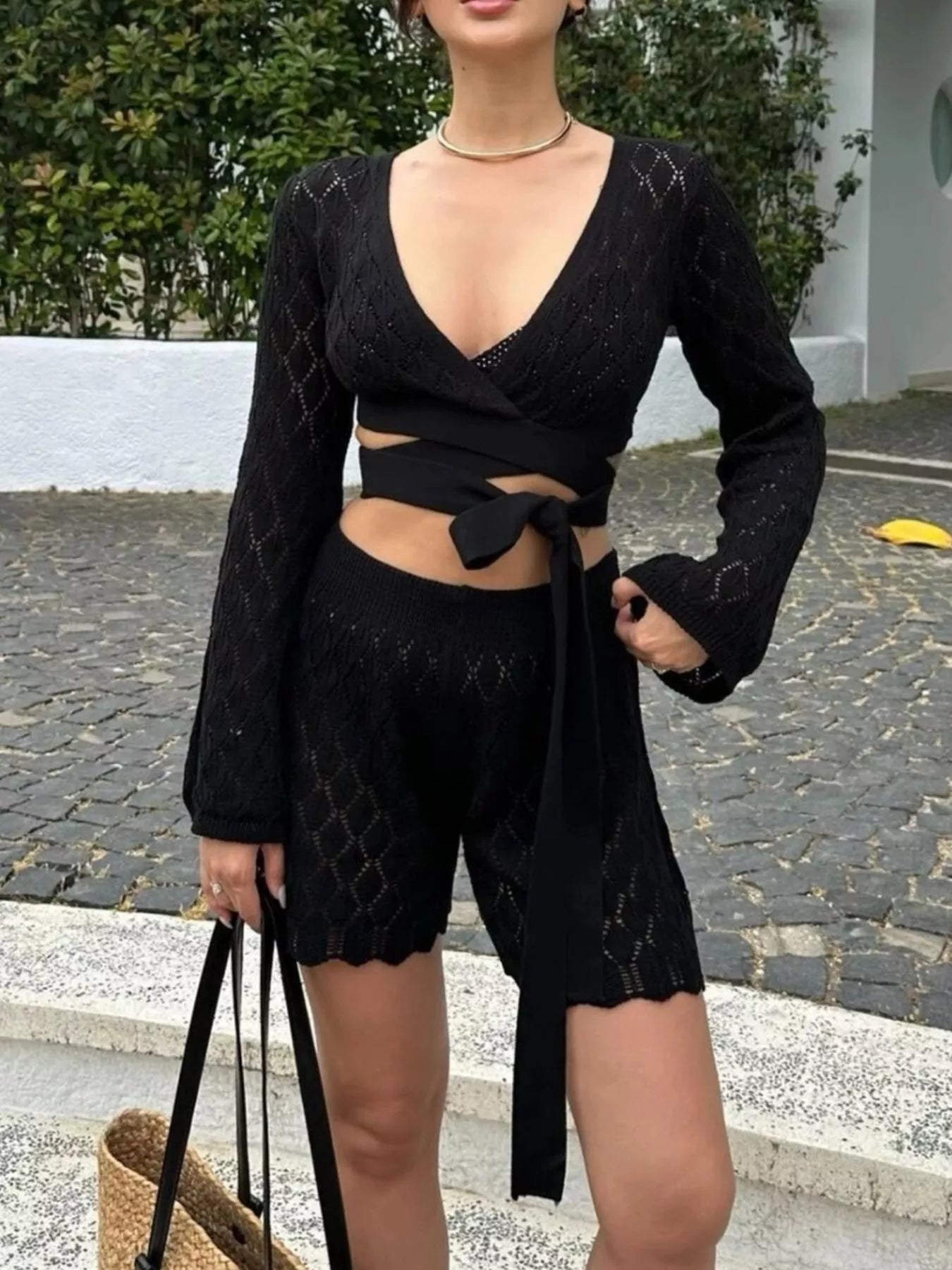 Trendsi Openwork Long Sleeve Top and Shorts Set -