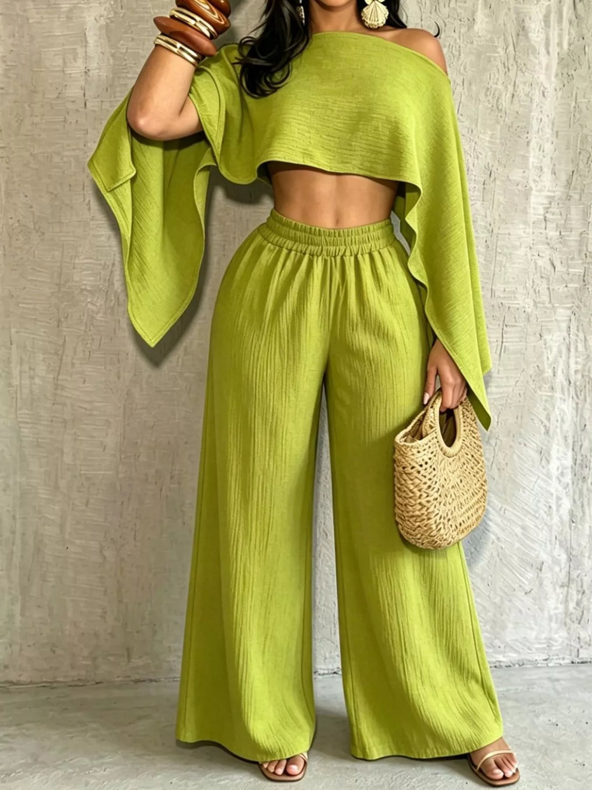 Women's Boat Neck Crop Top and Wide-Leg Pants Set in lime — front view