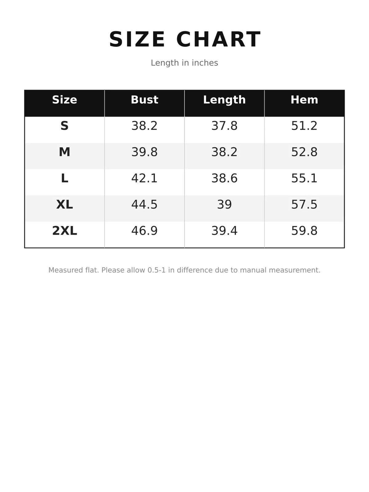 Size chart for loose fit t-shirt dress with pockets