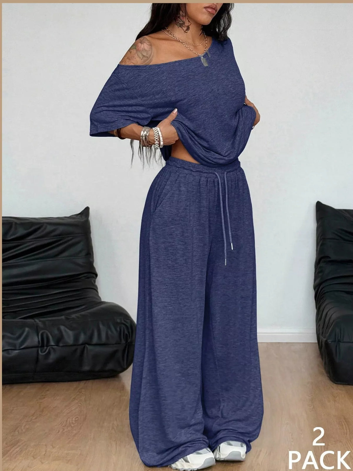 Navy boat neck top and wide-leg pants set — front view