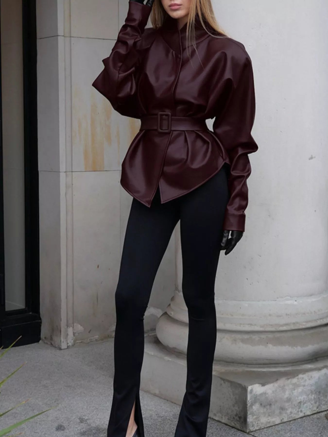 Trendsi Stand Collar Belted Faux Leather Jacket -